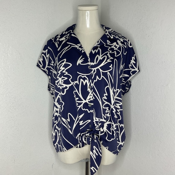 Rachel Zoe Coastal Floral Button-Down Shirt Tie Front Size M Resortwear Summer - Picture 1 of 7